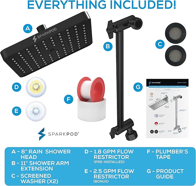 SparkPod Square Rain Shower Head with Shower Head Extension Arm - High Pressure Rain - Luxury Modern Look - No Hassle Tool-less 1-Min Installation (11" Shower Arm Extension, Midnight Black Matte)