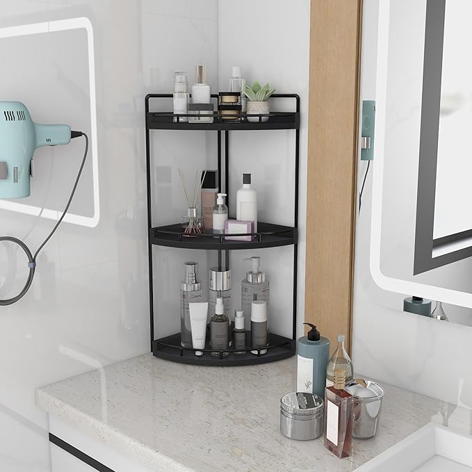 Dorhors 3-Tier Corner Bathroom Organizer Countertop for Storage,Vanity Tray,Wood Counter Organizer for Kitchen,Bathroom,Dresser (Black)