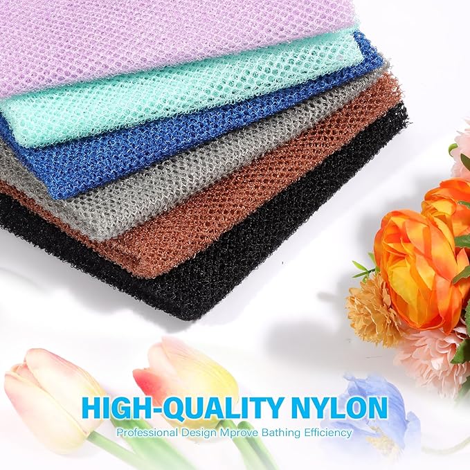 UJFQBH 6 Pieces African Bath Sponge African Net Long Net Bath Sponge Exfoliating Shower Body Scrubber Back Scrubber Skin Smoother,Great for Daily Use (Purple, Gray, Blue, Black, Brown, Green)