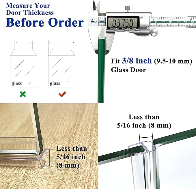 Frameless Shower Door Seal Strip 2 Pack x 39 Inch U for 3/8" Thick Glass Shower Door Side Seal Strip Bottom Seal Door Sweep Ultra Clear Polycarbonate, Stop Shower Leaks Create A Water Barrier