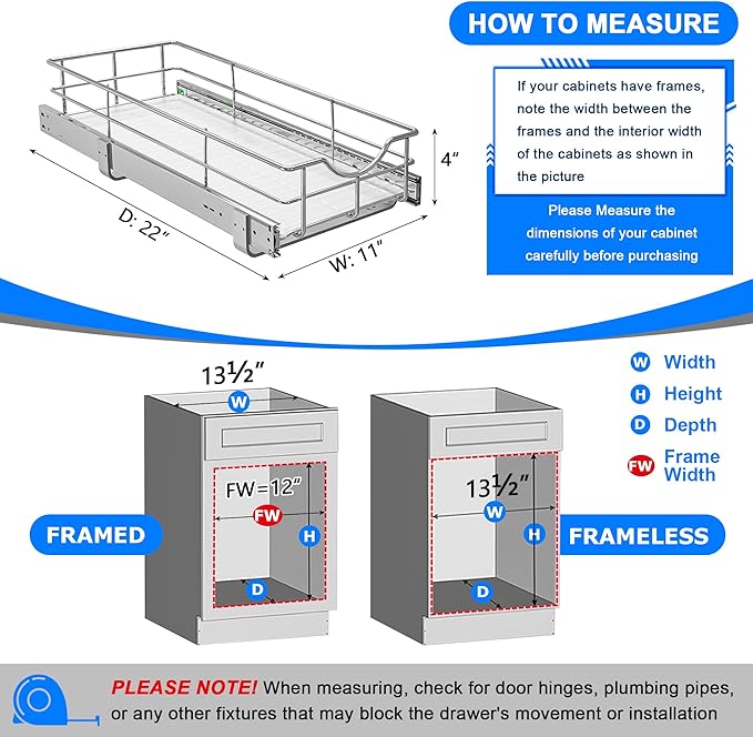 WelFurGeer Soft Close Slide Out Cabinet Shelf, 11" W x 22" D Pull Out Drawers for Kitchen Cabinets, Kitchen Shelf Organizer, Cupboard Organizers and Storage, Under Cabinet Pull Out Shelves