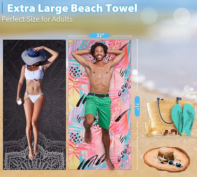 2 Pack Lightweight Thin Beach Towel Oversized 71"x32" Big Extra Large Microfiber Sand Free Towels for Adult Quick Dry Travel Camping Beach Accessories Vacation Essential Gift Black Mandala Pink Leaf