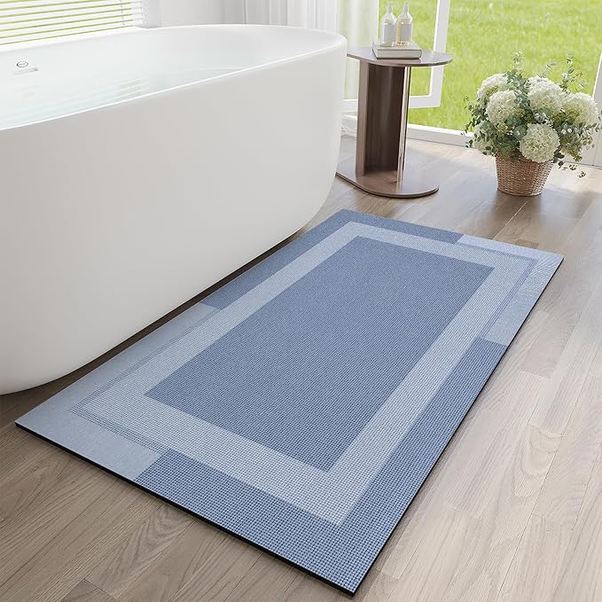 Non Slip Long Bath Mat Bathroom Runner, Rubber Backing Ultra Thin Bathroom Rugs Fit Under Door Quick Dry Super Absorbent Washable Bath Rug Shower Mat for Bathtub Sink Floor, Blue 24"x48"