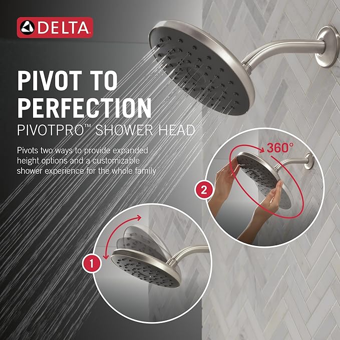 Delta PivotPro Brushed Nickel Rain Showerhead, Single Setting 7 Inch Round Shower Head, Showerheads, 1.75 GPM Flow Rate, SpotShield Brushed Nickel 75103SN