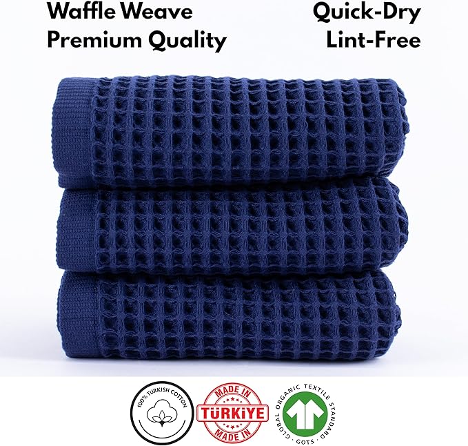 PÜSKÜL Organic Waffle Kitchen Towel 100% Turkish Cotton Set of 3 Navy Blue - Premium Quality, Soft, Quick-Dry, Absorbent, Lint-Free Hand Towels 32X16 Inches (3, Navy Blue)