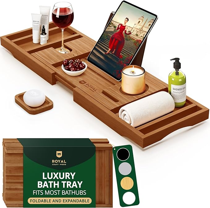 ROYAL CRAFT WOOD Premium Foldable Bathtub Tray - Wood Bath Tray for Tub, Bamboo Shelf, Expandable Bath Table Trays, Bathtub & Bathroom Accessories for New Home Gifts for Mom