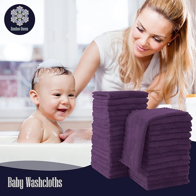 32 Pack Baby Washcloths - Luxury Coral Fleece - Extra Absorbent and Soft Wash Clothes for Newborns, Infants and Toddlers - Suitable for Sensitive Skin and New Born - Baby Shower - Plum, 10x10 Inch