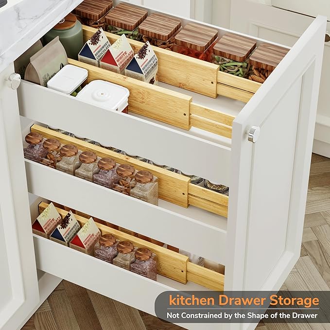 BAMEOS 3" H Large Bamboo Drawer Dividers Adjustable Drawer Organization Expandable Utensil Organizers for Kitchen Dresser Bathroom Bedroom and Office 4-pack