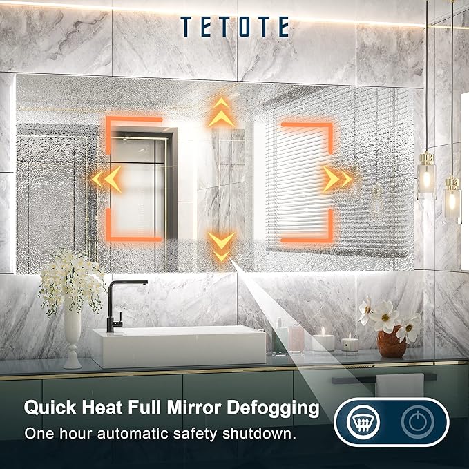 TETOTE 60 x 28 Inch LED Backlit Mirror with Light Bathroom Vanity Lighted Mirror,Anti-Fog,Dimmalbe,CRI90+,Waterproof,Wall Mounted