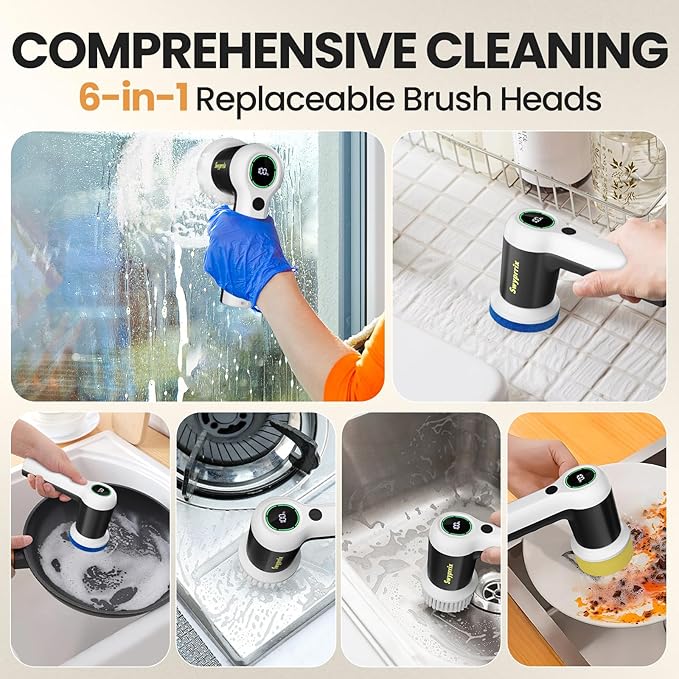 Electric Bathroom Cleaning Brush, Cordless Spin Scrubber Full Body Waterproof IPX7 with 6 Replaceable Brush Heads for Bathtub/Kitchen/Window/Home Cleaning -SD-CTB02