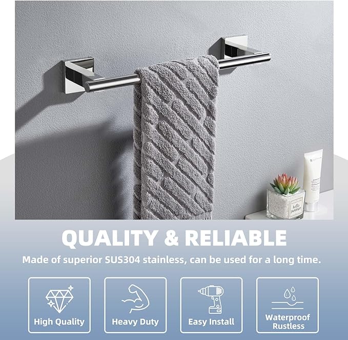 Hand Towel Bar 14", Suyar SUS304 Stainless Steel Shower Towel Holder, Bathroom Kitchen Closet Cabinet Washcloth Rack Wall Mounted, Polished Chrome