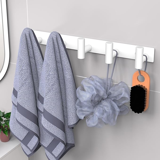 VAEHOLD Hat and Coat Wall Mount Rack - Hooks for Robes, Bags, Keys, and Towels - Bathroom Towel Hanger Organizer (White, “T“ Shape 5 Hooks 2 Pack)