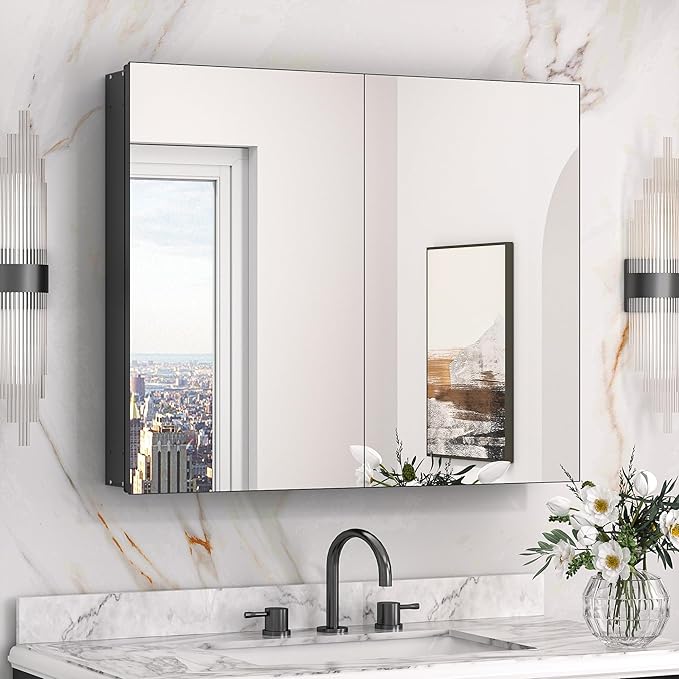 Keonjinn 30 x 26 Inch Black Medicine Cabinet, Bathroom Medicine Cabinet with Mirror, Lightweight Aluminum Structure, Assembly Required, in Wall or Wall Mount, Free Adjustable Shelves, Tempered Glass