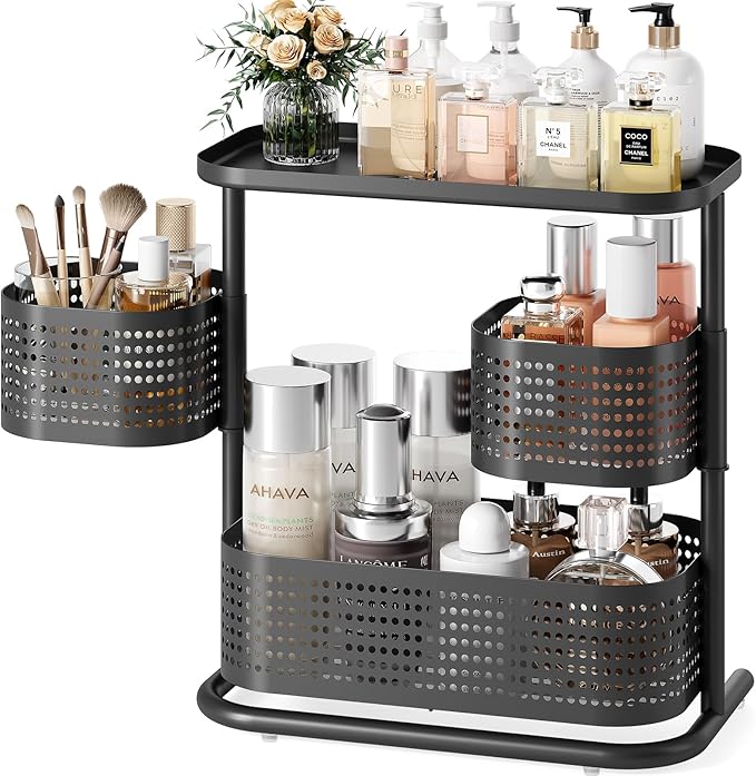 KINGRACK Bathroom Counter Organizer, 3 Tier Rotating Vanity Bedroom Storage cabinet, Cosmetic Holder Standing Shelf, Bathroom Tray for Countertop Storage, Kitchen Spice Rack, Black
