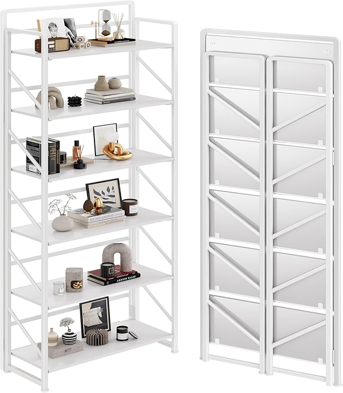 JSB No Assembly Folding Bookshelf, 6 Tier Industrial Metal Book Shelf for Storage, Vintage Wood Foldable Bookcase for Living Room, Bedroom, Office Organization Shelves