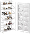 JSB No Assembly Folding Bookshelf, 6 Tier Industrial Metal Book Shelf for Storage, Vintage Wood Foldable Bookcase for Living Room, Bedroom, Office Organization Shelves