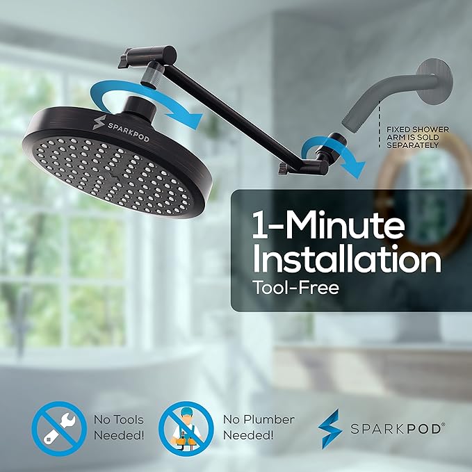 SparkPod Round Rain Shower Head with Extension Arm - Height Adjustable Shower Head with High Pressure Performance - Easy 1-Minute Installation (11" Arm Extension, Vintage Oil-Rubbed Bronze)