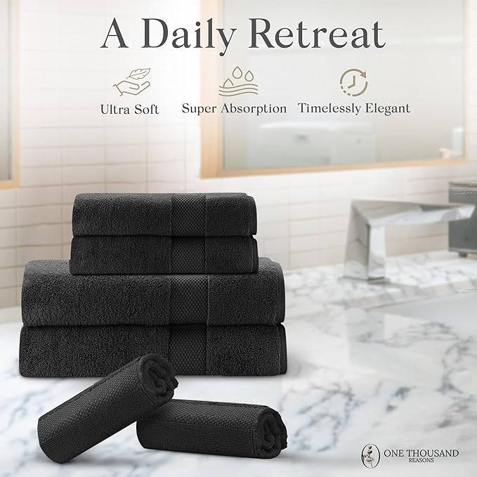 Premium Staple Cotton Bathroom Towel Set - Black 600 GSM 6-Piece Luxury Bath Towel Set 1 Stripe - 2 Bath Towels, 2 Hand Towels & 2 Washclothes Set - High Absorbent & Quick Dry for Gym, Spa, Hotel