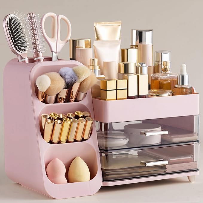 HBlife Makeup Organizer with Brush Holder for Vanity, Large Plastic Bathroom Countertop Organizer Skin Care Storage, Easy to Store Lipsticks, Nail Polishes, Perfumes, Eyeshadow Palettes, Pink