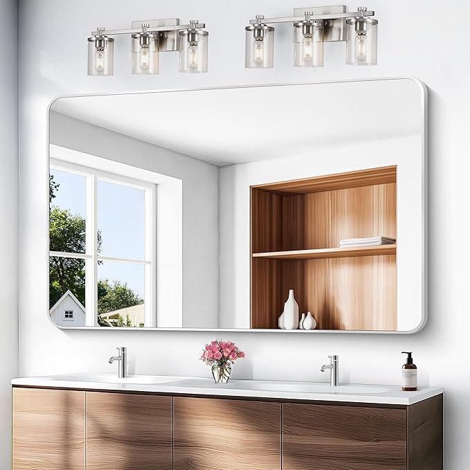 BONEWEI Silver Bathroom Mirror,60x40 inch Wall Mirror for Bathroom Wall Mounted,Rectangle Mirror for Bathroom Over Sink,Modern Frame Round Corner for Living Room,Bedroom Entryway,Horizontal/Vertical