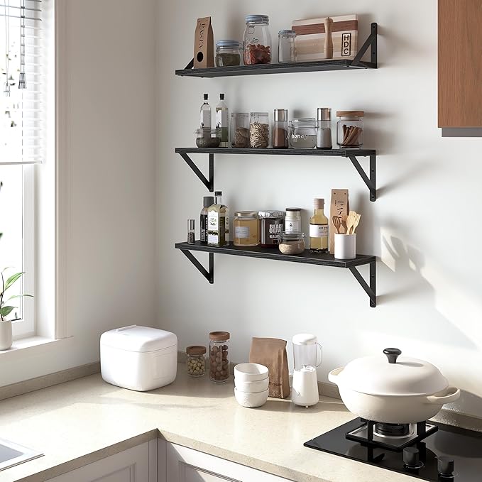 Heimlove Floating Shelves for Wall, 24 Inch Long Wood Floating Shelves Set of 3, Wall Mounted Hanging Shelf for Bathroom Bedroom Kitchen, Black