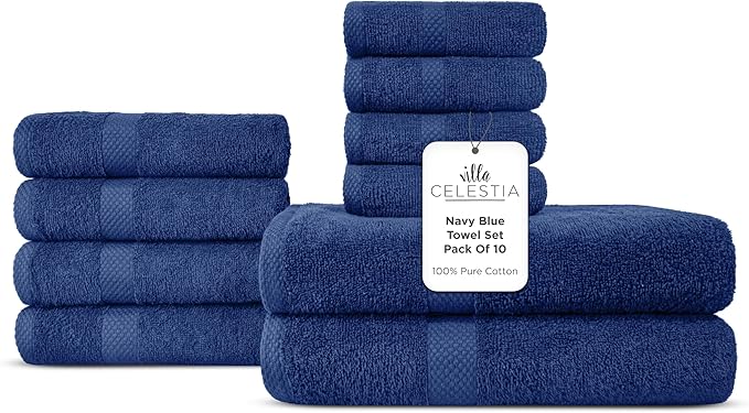 100% Combed Cotton Bathroom Towel Set of 10- 2 Bath Towels, 4 Hand Towels, 4 Wash Cloths, Sustainable, Soft, Highly Absorbent 10 Piece Cotton Bath Towel Set for Hotels, Spa, Bathroom, Dorm, Navy Blue