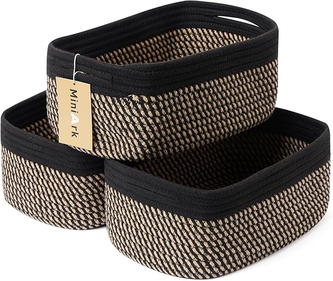 Small Storage Baskets for Organizing | Closet Organizer Bins | Shelf Toy Basket | Woven Rope Baskets | Cube Decorative Box | Shallow Basket | 13x8.5x5.1” | 3 Packs Black Brown