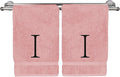 Monogrammed Hand Towel, Personalized Initial Gift, Extra Absorbent 100% Turkish Cotton - Soft Terry Finish - Set of 2 - Black Block Initial I - Embroidered on Pink Towels
