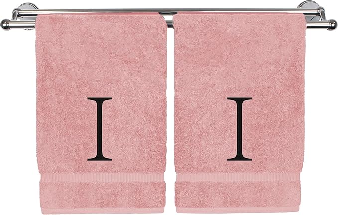 Monogrammed Hand Towel, Personalized Initial Gift, Extra Absorbent 100% Turkish Cotton - Soft Terry Finish - Set of 2 - Black Block Initial I - Embroidered on Pink Towels