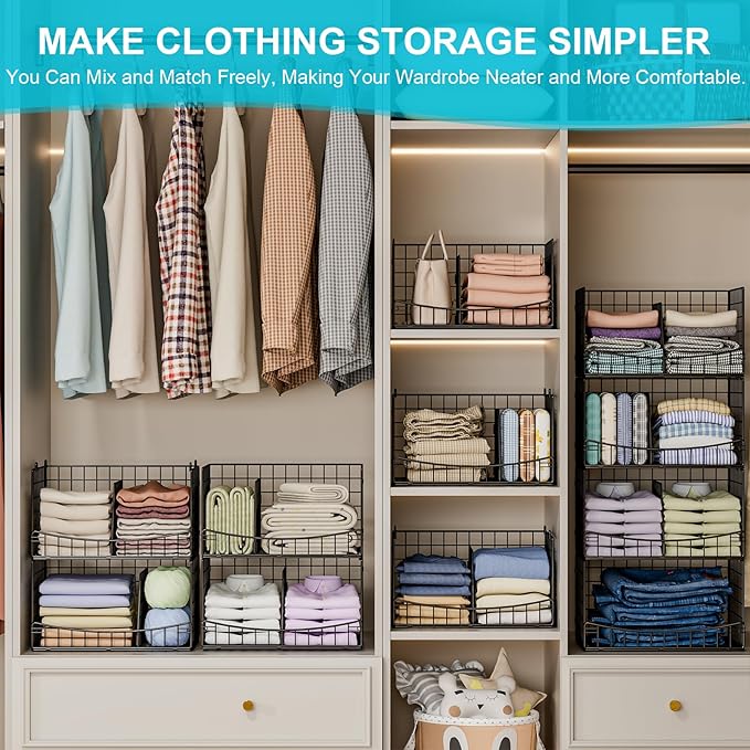 4-Tier Closet Organizers and Storage Shelves with Divider, Stackable Closet Shelf Organizer Basket Bins, Clothing Sweaters Storage Container for Wardrobe Cupboard, Black