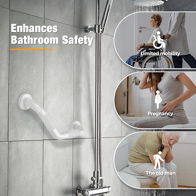 Grab Bars for Bathtubs and Showers- 1-1/4 x 16 Angled Shower Grab Bar for Seniors Knurled Stainless Steel Handicap Grab Bars for Wall (White, 2 Pack)