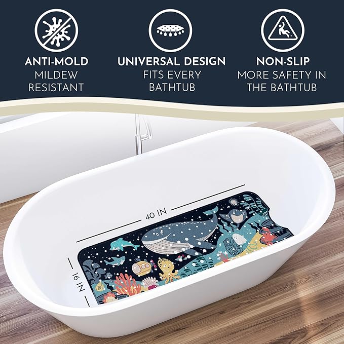 Bath Tub Mat Non Slip Anti Mold for Kids BPA Free INCL Hooks - homerella® Ocean Sea Animals 40x16, Baby Bath Mat Non Slip 200 Suction Cups, Non Toxic Machine Washable Toddler Bath Mat, EU Certified