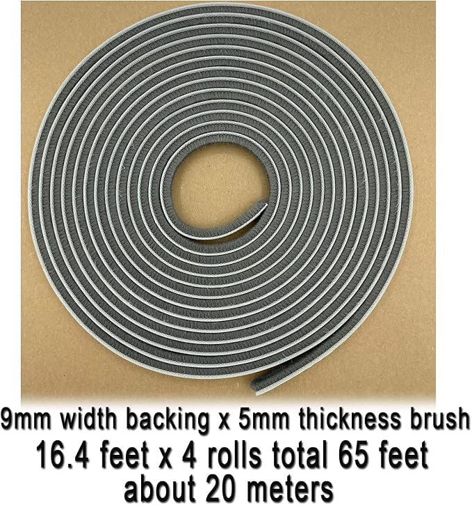 Door Sealers for Door Frame Felt Pile Weatherstripping for Sliding Window, Self Adhesive Weatherstrip Seal Strip Sealer Sound Proofing (65ft x11/32 Backing x 3/16 Brush inch, Grey)