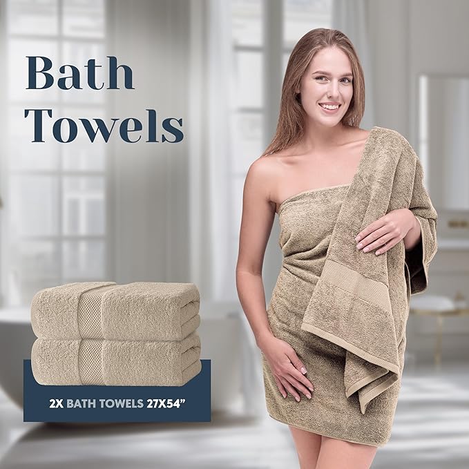 White Classic Luxury Bath Towel Set of 8 Pieces - 100% Turkish Cotton Highly Absorbent Towels for Bathroom, 2 Luxury Bath Towels 700GSM, 2 Hand Towels, 4 Washcloths, Taupe