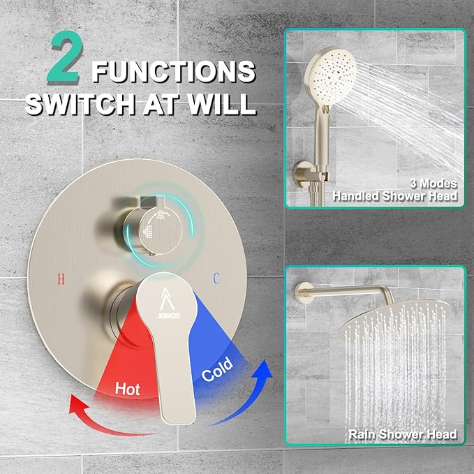 Shower Faucet Set 12IN Brass Rough-In Valve Body Trim Kit Rainfall Included Handle Accessories Complete 2 Functions with Rain Head and Handheld Bathroom Systems (12'', Brushed Nickel)