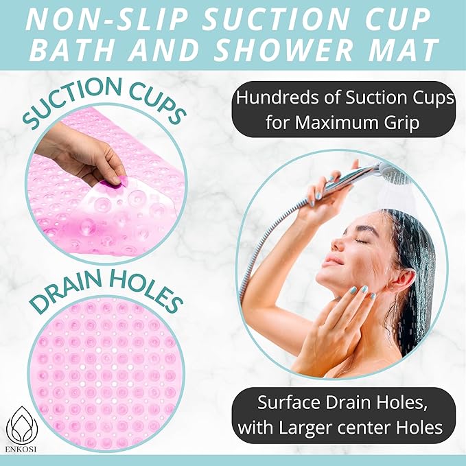 ENKOSI Bath Mat - Large Non Slip Bathtub & Shower Mat - Extra Long 40 x 16 Inch Bathroom Mats for Tub Nonslip Anti Slip Bathmats (40x16 Clear Pink 1-Pack)