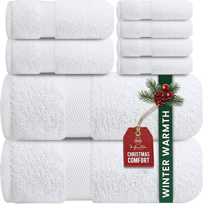 Infinitee Xclusives Luxury 100% Cotton Towel Set – 8 Piece Bathroom Towel Set (2 Bath Towels, 2 Hand Towels, 4 Washcloths) – Soft & Absorbent Towels for Bathroom (Brilliant White)