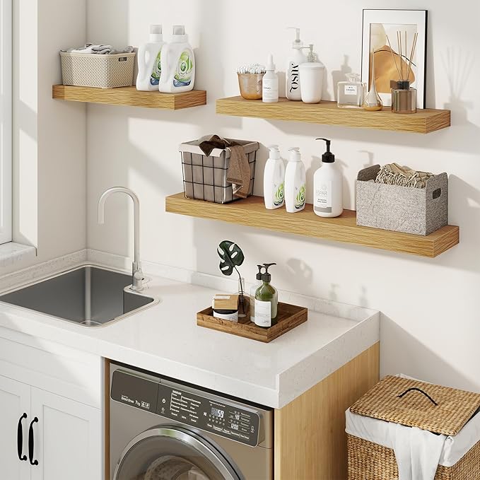 fuqing Floating Shelves for Wall, Wall Mounted Wood Floating Shelf with Invisible Brackets for Living Room, Bathroom, Bedroom, Kitchen Storage and Decor, 40 Inch Set of 2, Oak