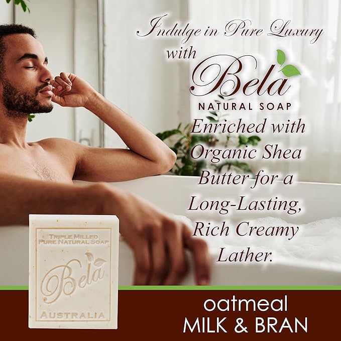 BELA Oatmeal Soap with Milk and Bran 3.3 OZ, Pack of 6, Long Lasting French Triple Milled Bar Soap with Organic Shea Butter, Hand, Face and Body Wash Bars, Made in Australia