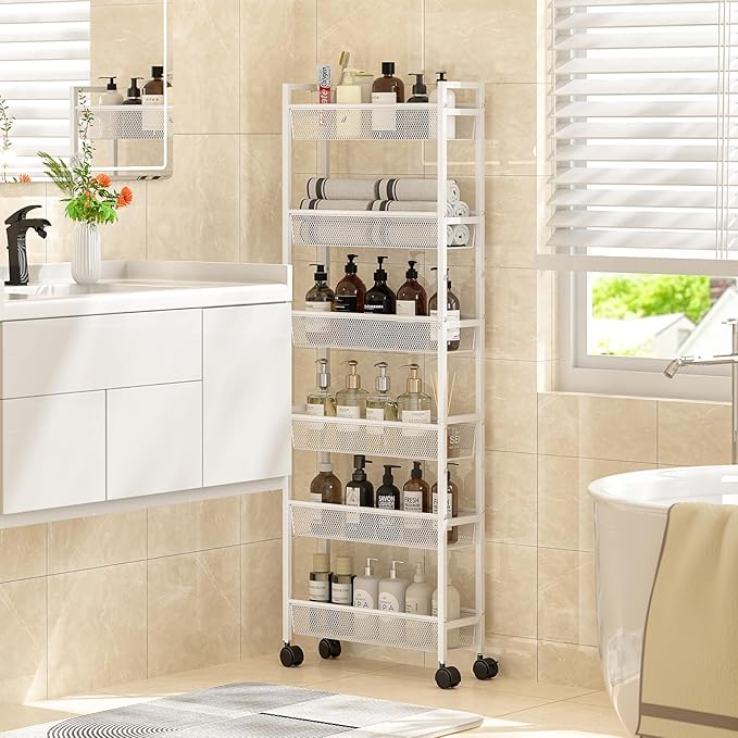 6 Tier Slim Storage Cart, Narrow Cart with Wheels, Metal Mobile Shelving Unit Organizer for Bathroom, Kitchen, Laundry Room, Living Room & Narrow Spaces, White, 6in(W)