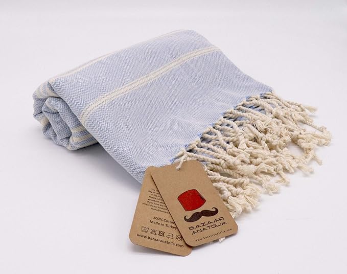 Bazaar Anatolia Slim Line Turkish Towel 100% Cotton Peshtemal Beach Towel 76x38 Thin Lightweight Travel Camping Bath Sauna Gym Pool Blanket Quick Dry Towels (Blue) - Made in Turkiye