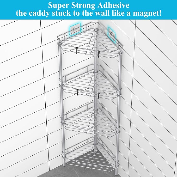 4 Tier Floor Standing Corner Shower Caddy Organizer Shelf with Hooks, Bathroom Shelves Stand Rack, Silver