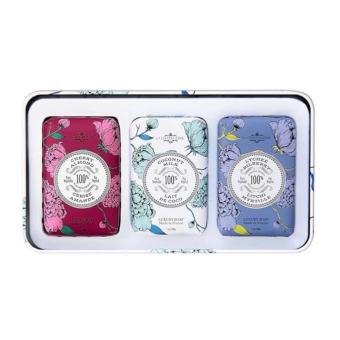 La Chatelaine Luxury Bar Soap Trio Gift Set Tin – Winter White | Made in France | Natural and Organic Soap Bars | Shea Butter Formula | 3 x 7 oz / 200g (Cherry Almond, Coconut Milk, Lychee Bilberry)