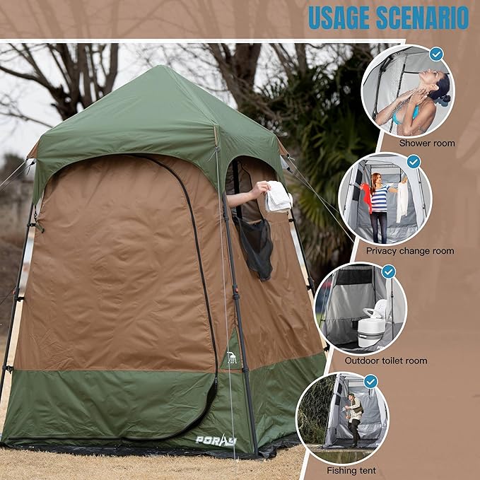 Camping Shower Tent Deluxe Changing Room Easy Set Up Privacy Shelter,Large Toilet Tent with Floor Drain Design for Beach, Camping,Hiking with Stakes and Ropes for Stability