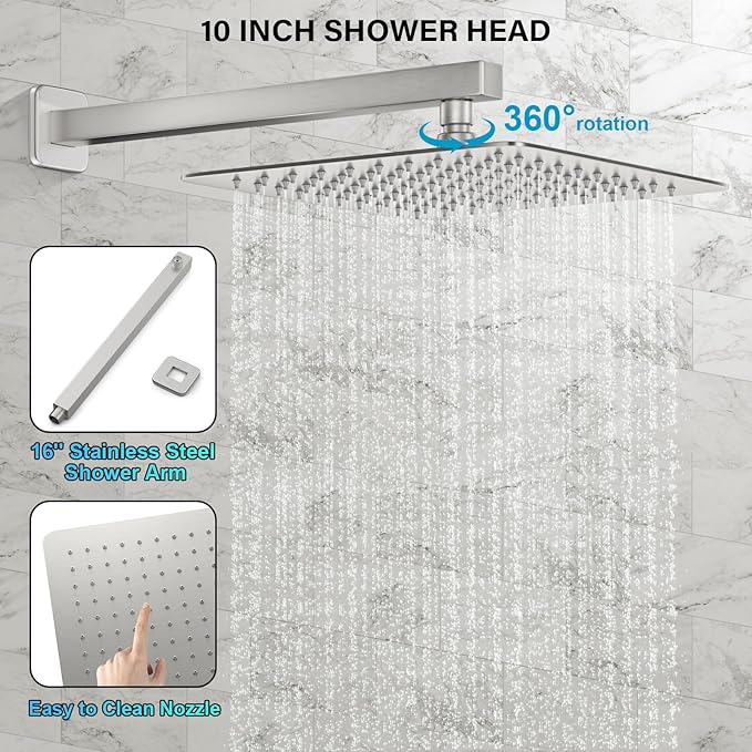 Shower Faucet Set Bathroom Square Rain Shower Head and Handle Set, Wall Mounted Shower Fixtures, Full Metal Trim Repair Kit 10 inch Brushed Nickel (With Shower Valve)