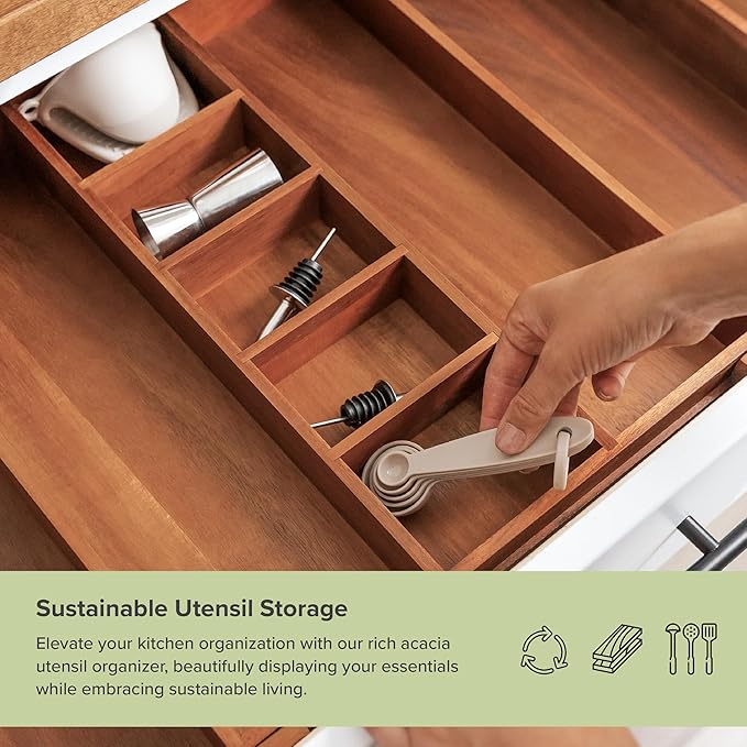 KitchenEdge Adjustable Kitchen Drawer Organizer for Utensils and Junk, Food-Safe Contract Grade with 100% Sustainable Wood, Non-Slip, Expandable from 16" to 28" Wide - Natural Acacia