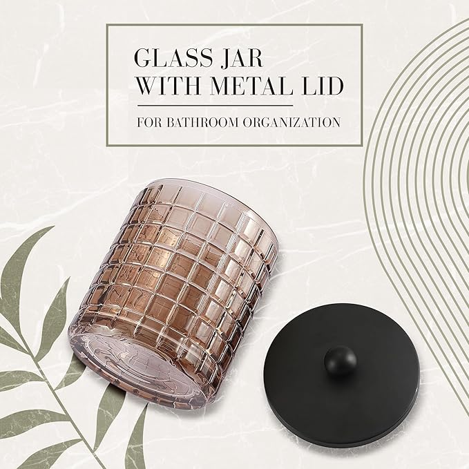 Amber Colored Tranlucent Apothecary Etched Geometric Grid Glass Jar W/Matte Black Metal Lid for Bathroom Organization, Cotton Balls, Q Tips, and Small Accessories, Bathroom Storage