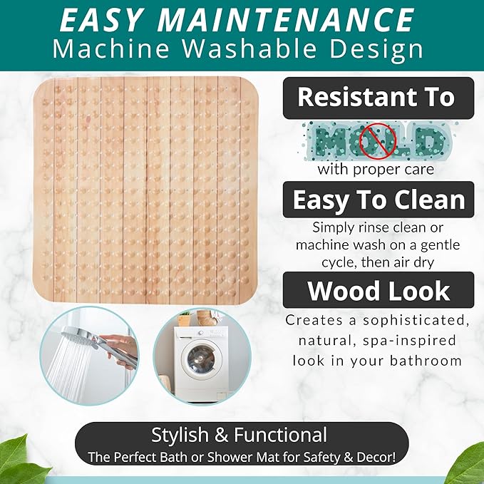 ENKOSI Extra Large Square Non Slip Shower Mat - 31 x 31-inch XL Bathroom Shower Mat - Square Shower Mats for Shower Stall Floors - Secure Suction Cups and Drain Holes (31x31 Wood Teak)