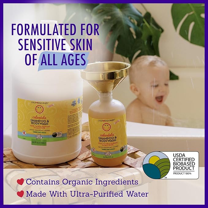California Baby Calendula Baby Shampoo + Baby Wash | 100% Plant-Based | Soothing Lavender Body Wash | Sensitive Skin | Hypoallergenic | 19 oz (2-Pack)