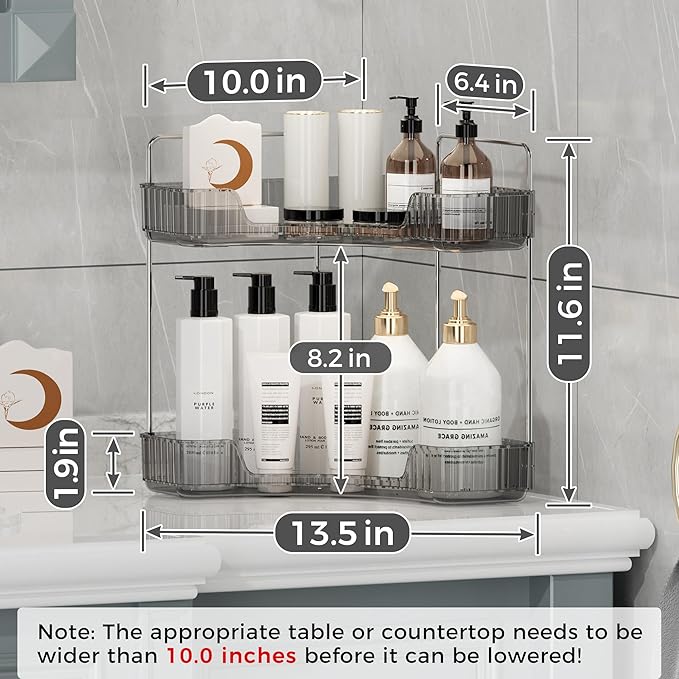 YCIA&DONE Corner Bathroom Counter Organizer, Makeup Organizer for Vanity, Skincare Cosmetic Perfume Tray, Corner Countertop Shelf Rack Storage for Bathroom Kitchen 2 Tiers (Smoky Gray)